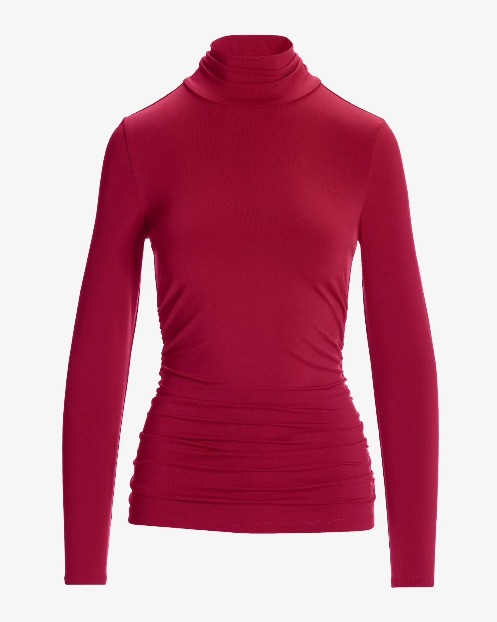 So Chic Ruched Turtleneck Top Rumba Red sold by Boston Proper
