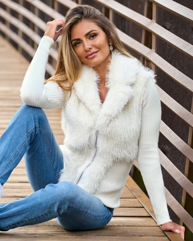 Metallic Faux Fur Zip Up Cardigan Off White sold by Boston Proper