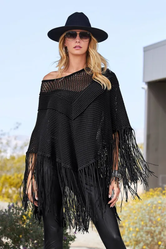 Faux Suede Fringe Poncho Black sold by Boston Proper
