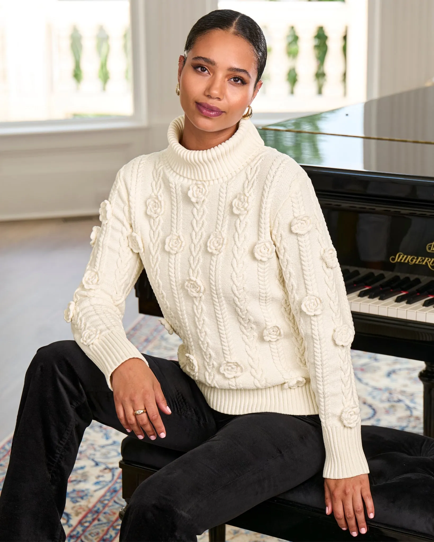 Chenille Rosette Cable Turtleneck Sweater Off White sold by Boston Proper