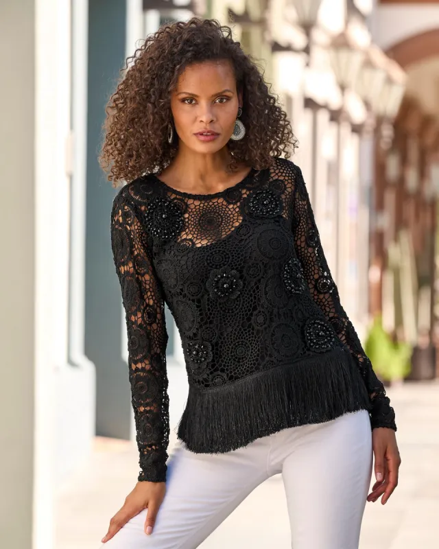 Embellished Crochet Fringe Pullover Black sold by Boston Proper