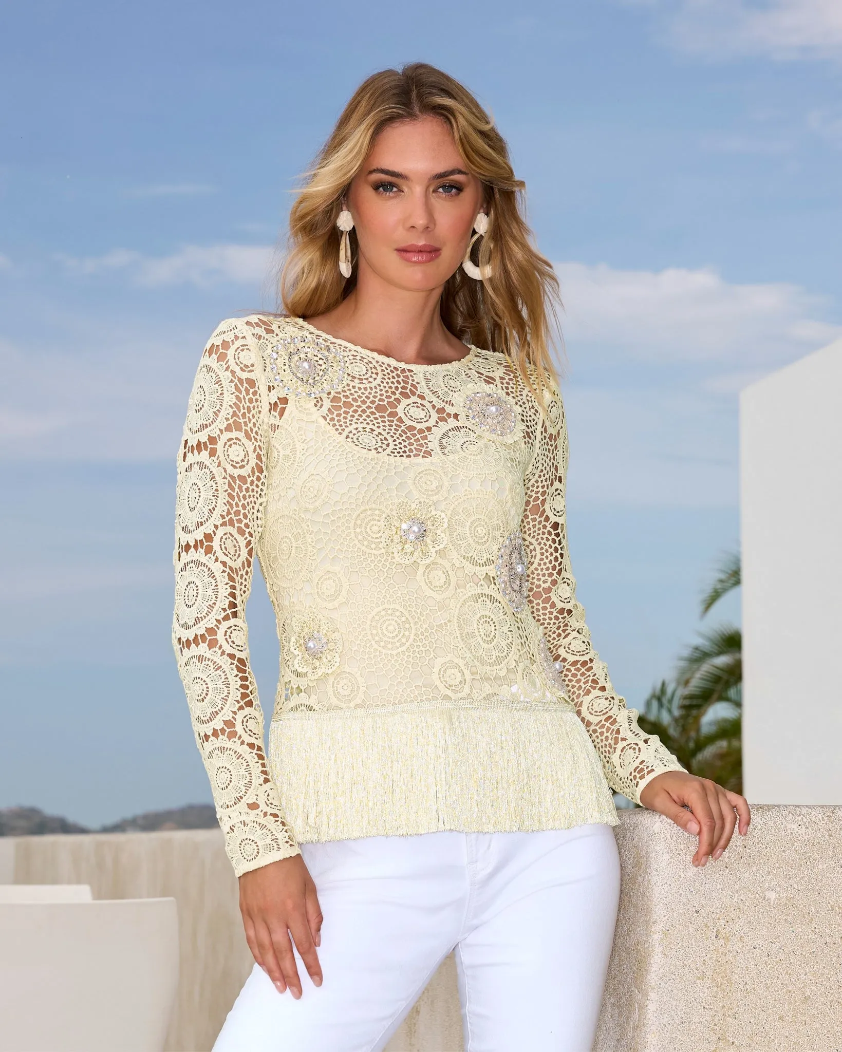 Embellished Crochet Fringe Pullover Natural sold by Boston Proper