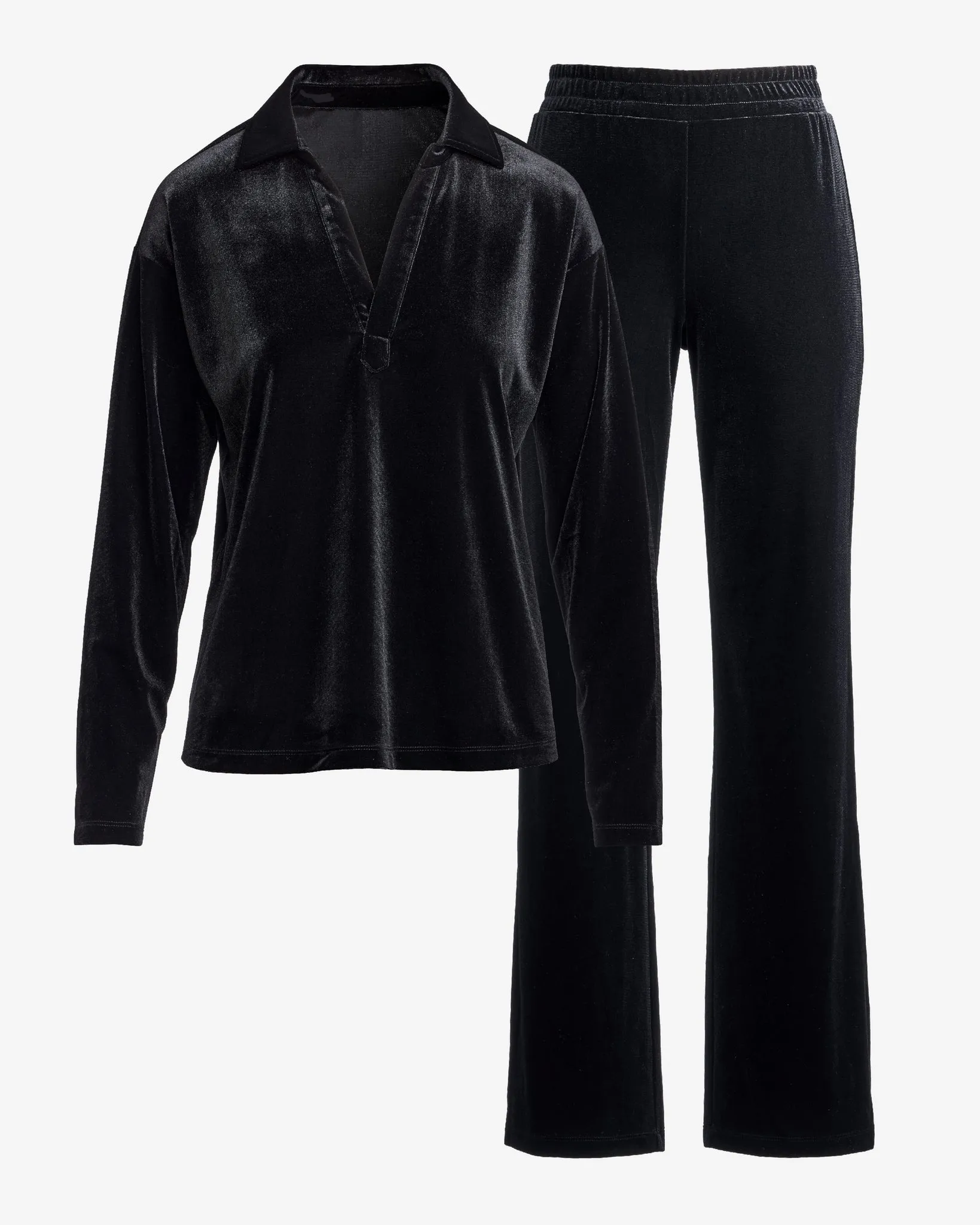 Chic Velour Collared V Neck Wide Leg Pant Set Black sold by Boston Proper product image thumbnail 2