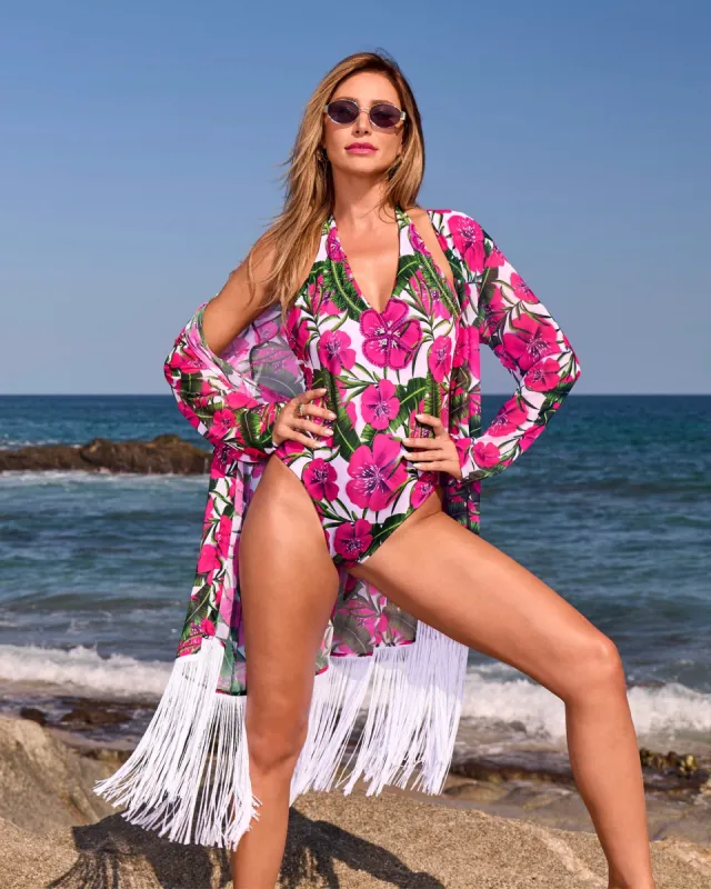 Tropical Printed Fringe Coverup White Multi sold by Boston Proper