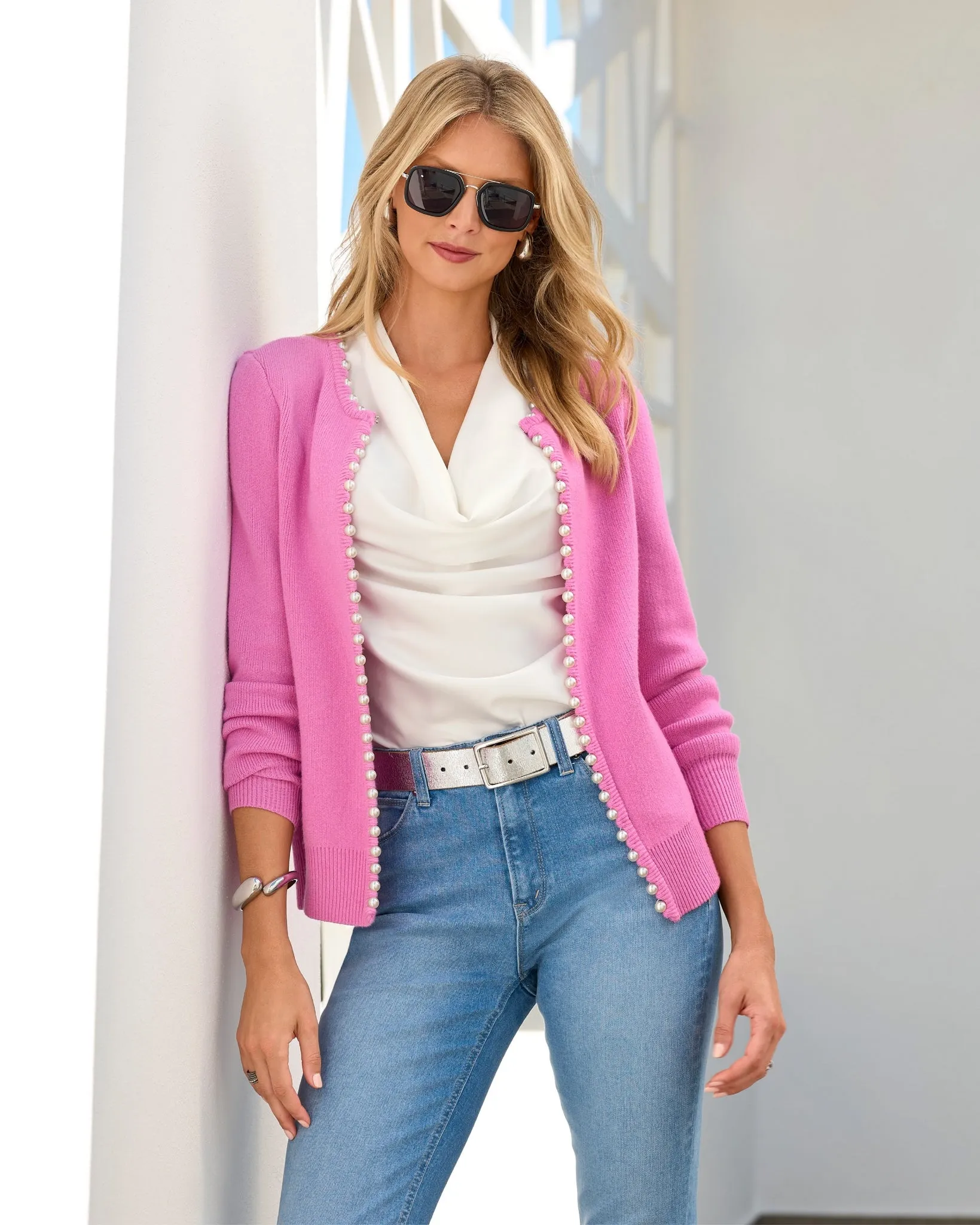 Pearl Trim Cardigan Fuchsia Pink sold by Boston Proper