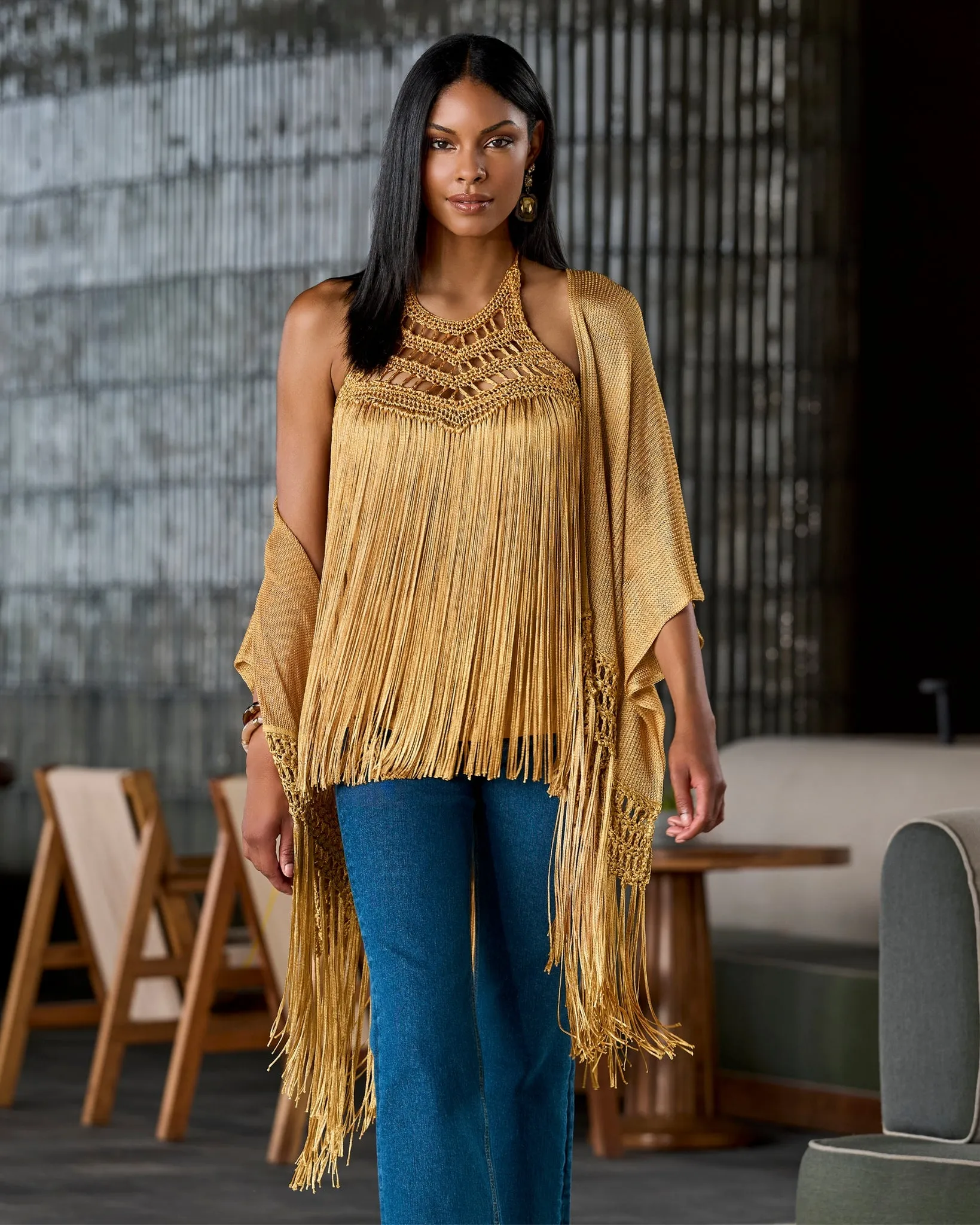 Macramé Fringe Poncho Tan sold by Boston Proper