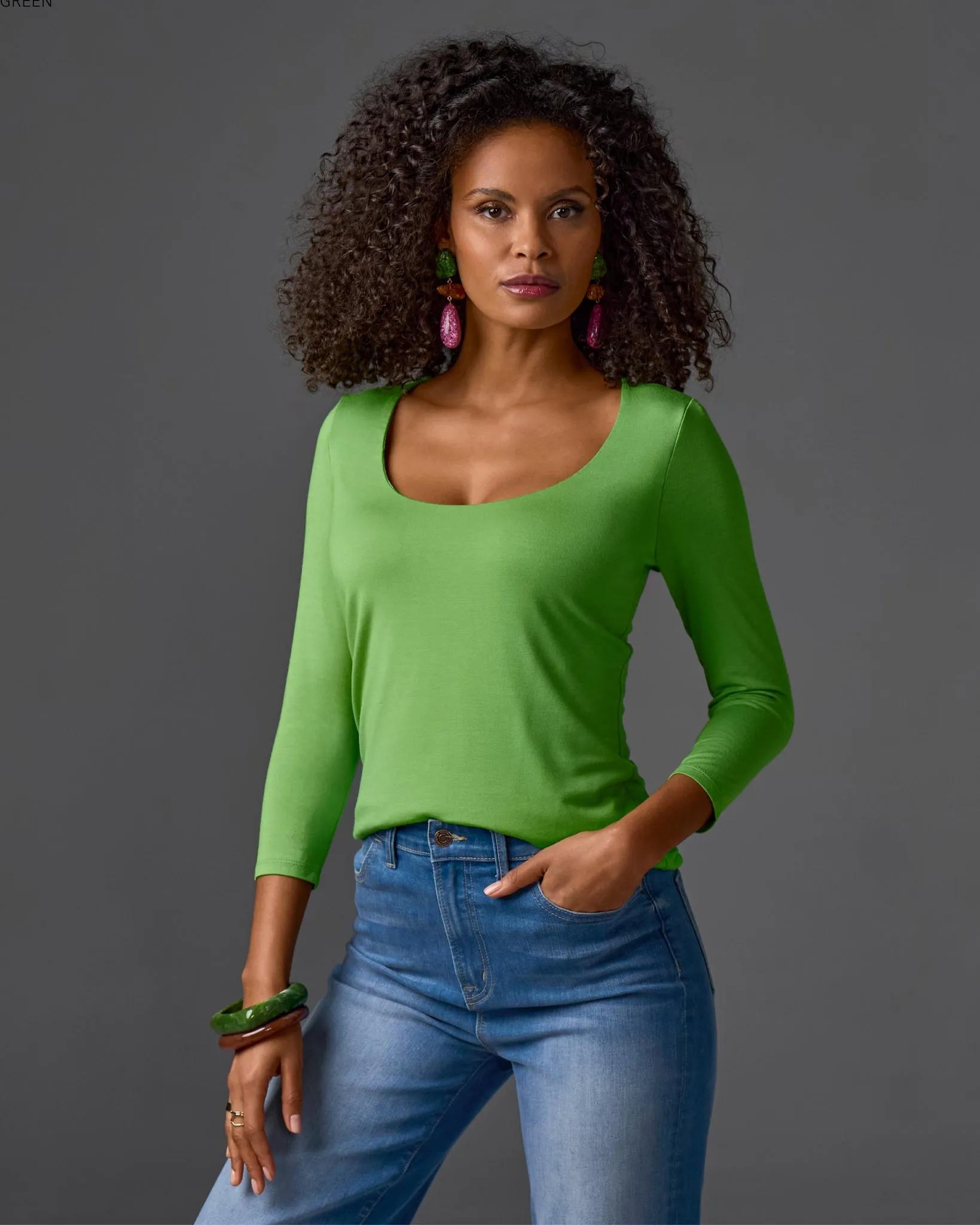 So Effortless Three Quarter Sleeve Scoop Neck Top Bud Green sold by Boston Proper