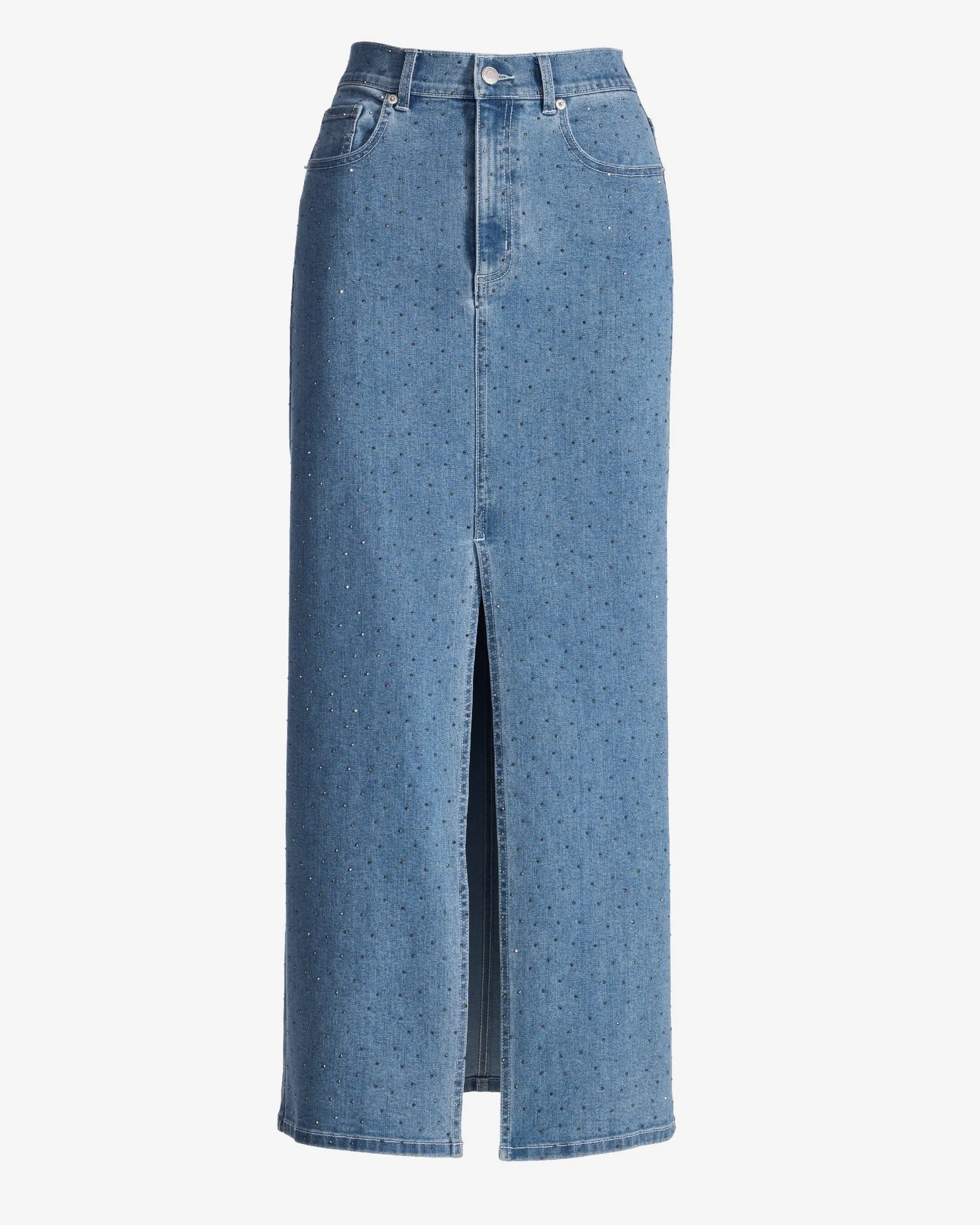 Front Slit Heat Set Midi Denim Skirt Light Med Wash sold by Boston Proper product image thumbnail 2