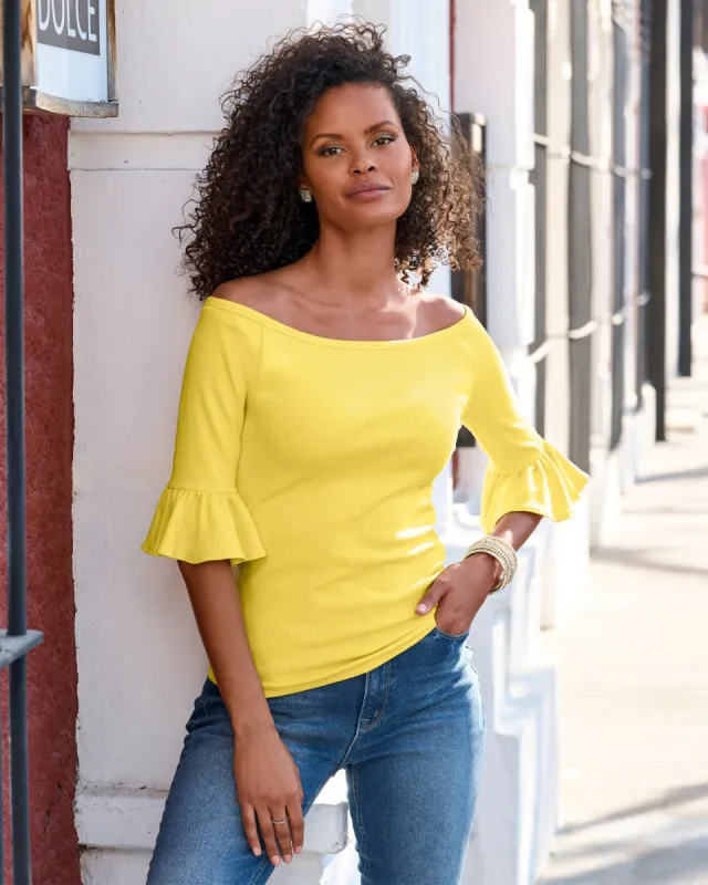 So Essential Rib Boatneck Flare Sleeve Top Lemon Drop sold by Boston Proper
