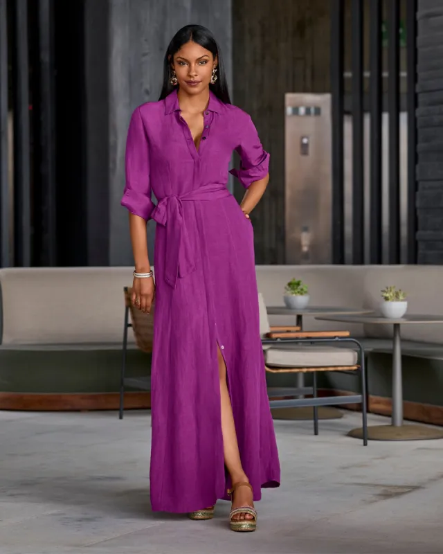 Linen Three Quarter Sleeve Maxi Shirt Dress Hollyhock sold by Boston Proper