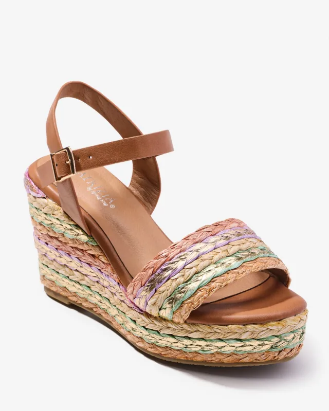Multi Colored Metallic Raffia Wedge Camel Multi made by Lauren Lorraine