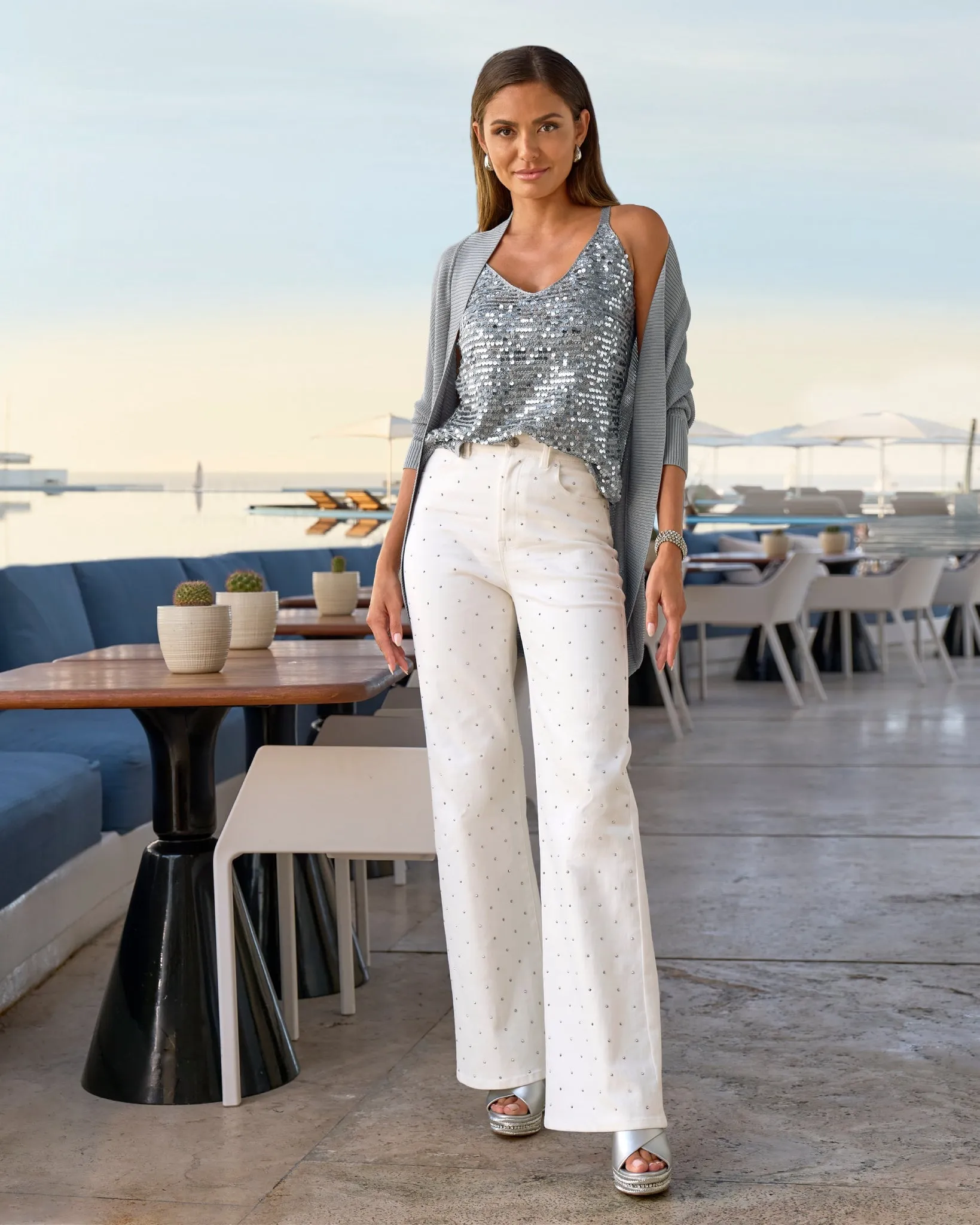 Malibu Scattered Sparkle Wide Leg Jean Off White/Silver sold by Boston Proper