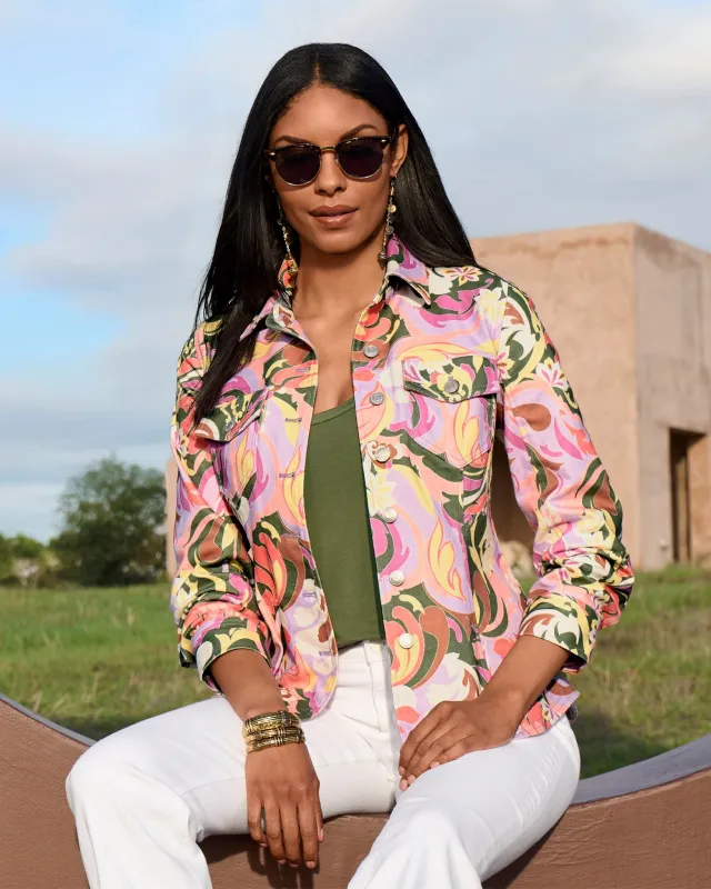 Print Ruched Sleeve Shaped Denim Jacket St Tropez Abstract sold by Boston Proper