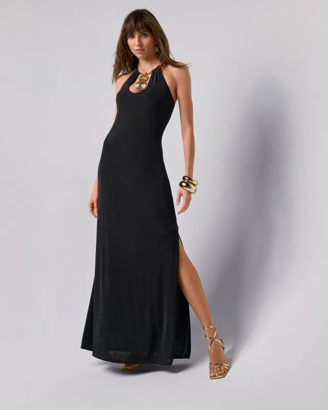 Halter Hardware Detail Slinky Maxi Dress Black sold by Boston Proper