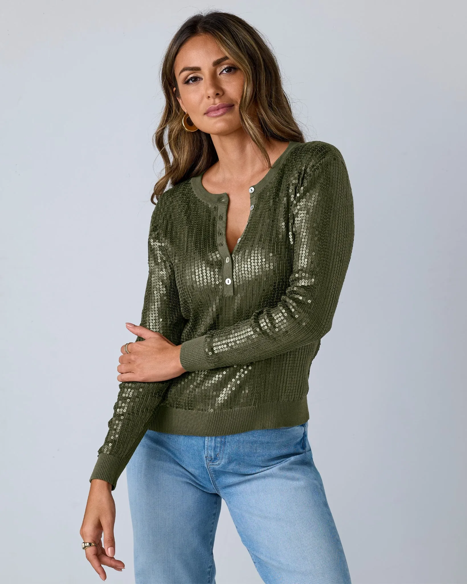 Henley Sequin Long Sleeve Sweater Olive Night sold by Boston Proper