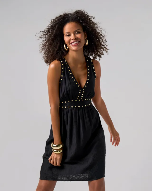 Grommet and Crystal Detail V Neck Fit And Flare Dress Black sold by Boston Proper