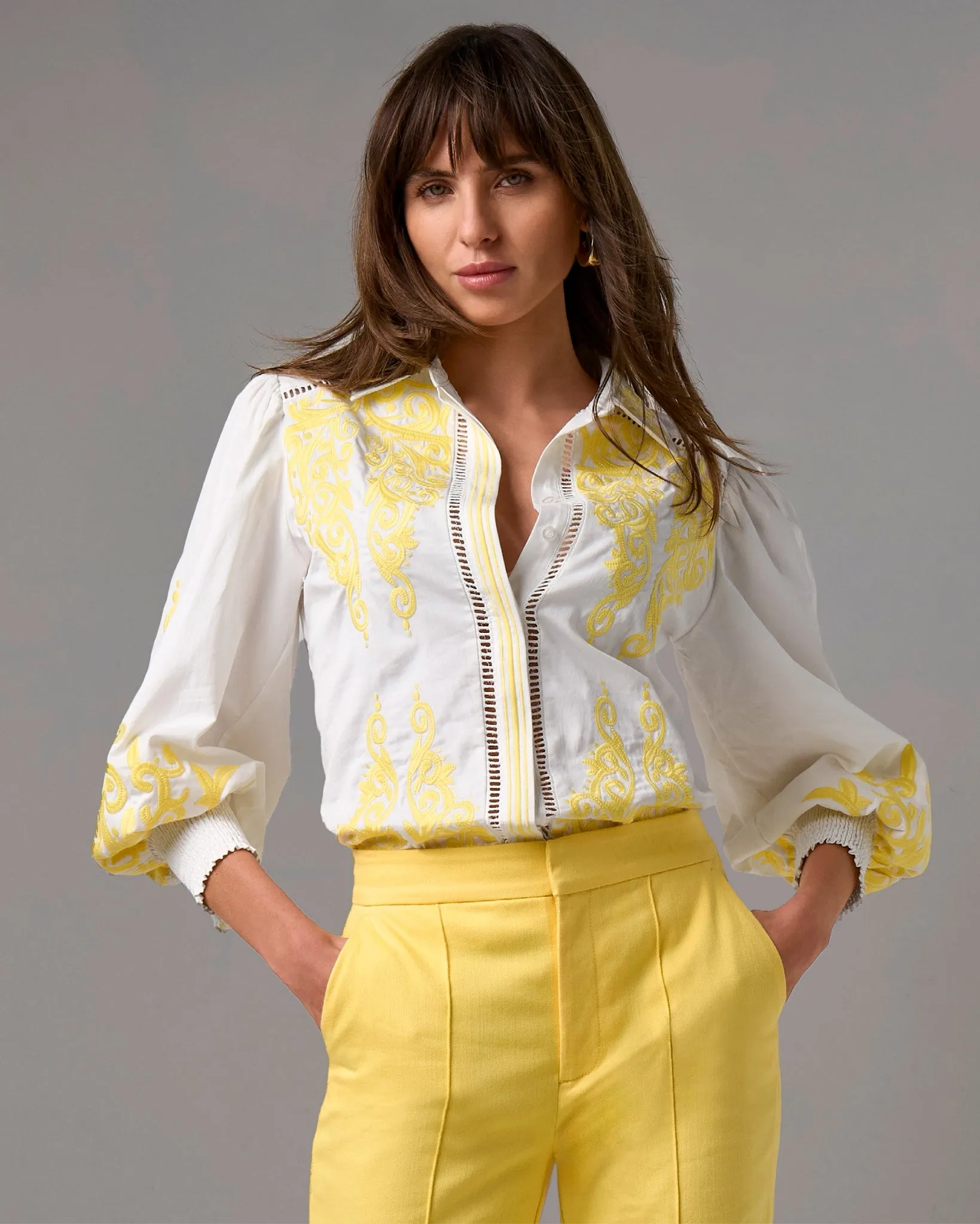 Hamptons Scroll Detail Button Up Shirt Lemon Drop sold by Boston Proper