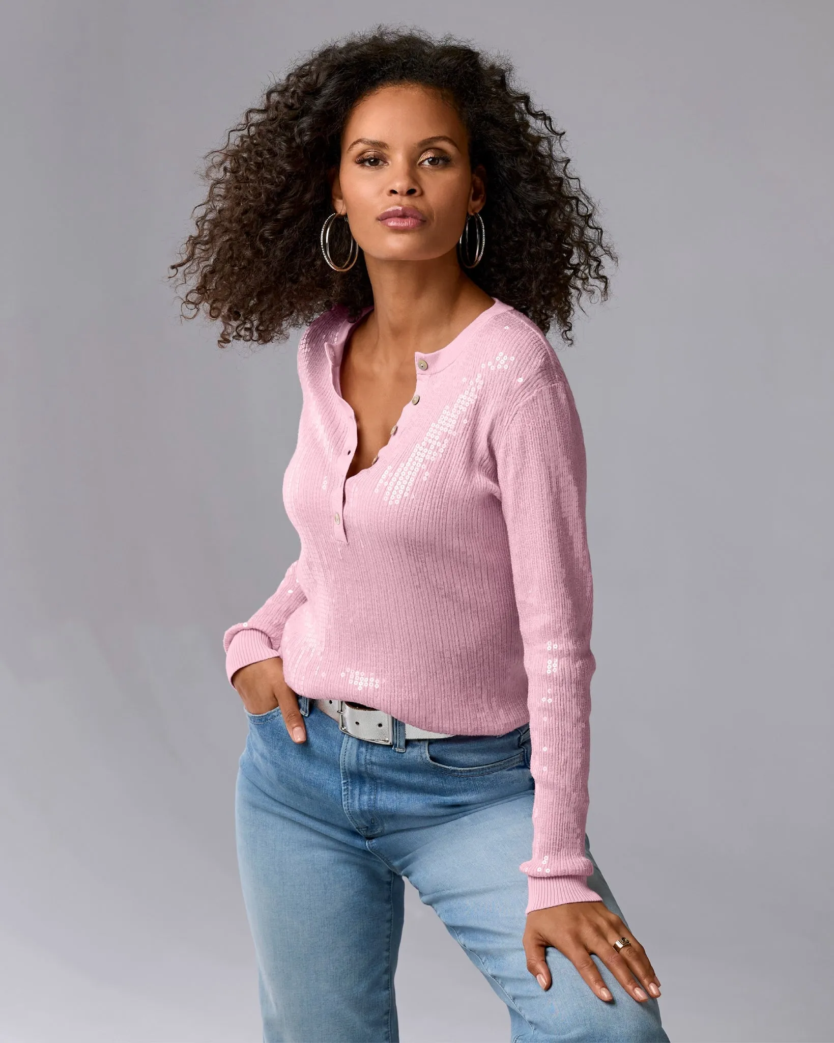 Henley Sequin Long Sleeve Sweater Roseate sold by Boston Proper
