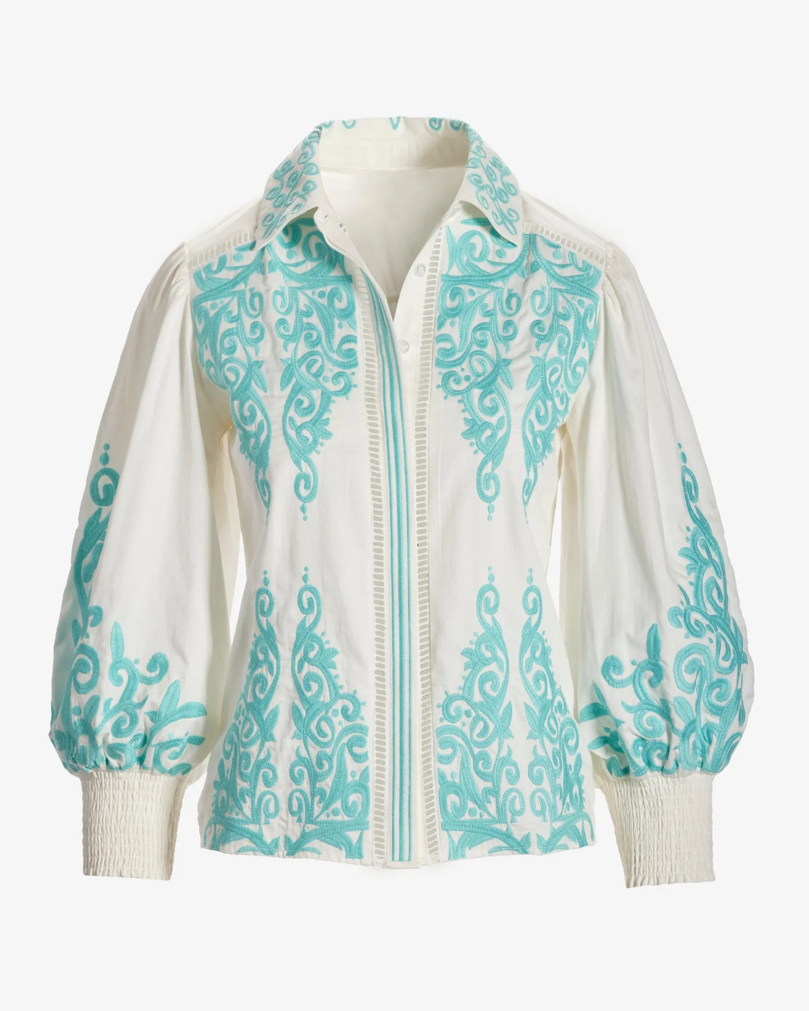 Hamptons Scroll Detail Button Up Shirt Tanager Turquoise sold by Boston Proper product image thumbnail 2