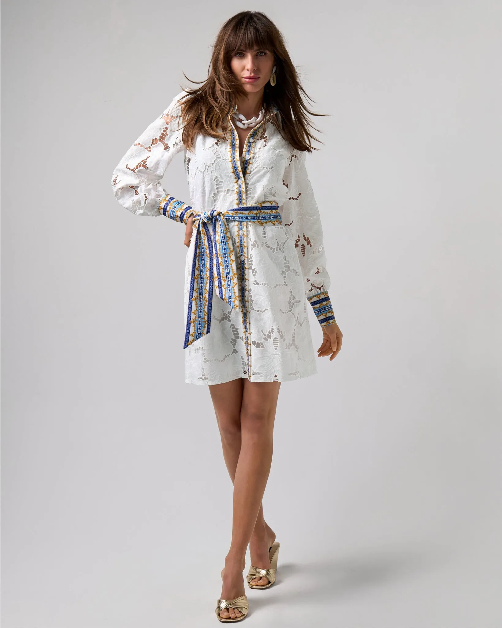 Status Print Collared Lace Shirt Dress Filagree Borders