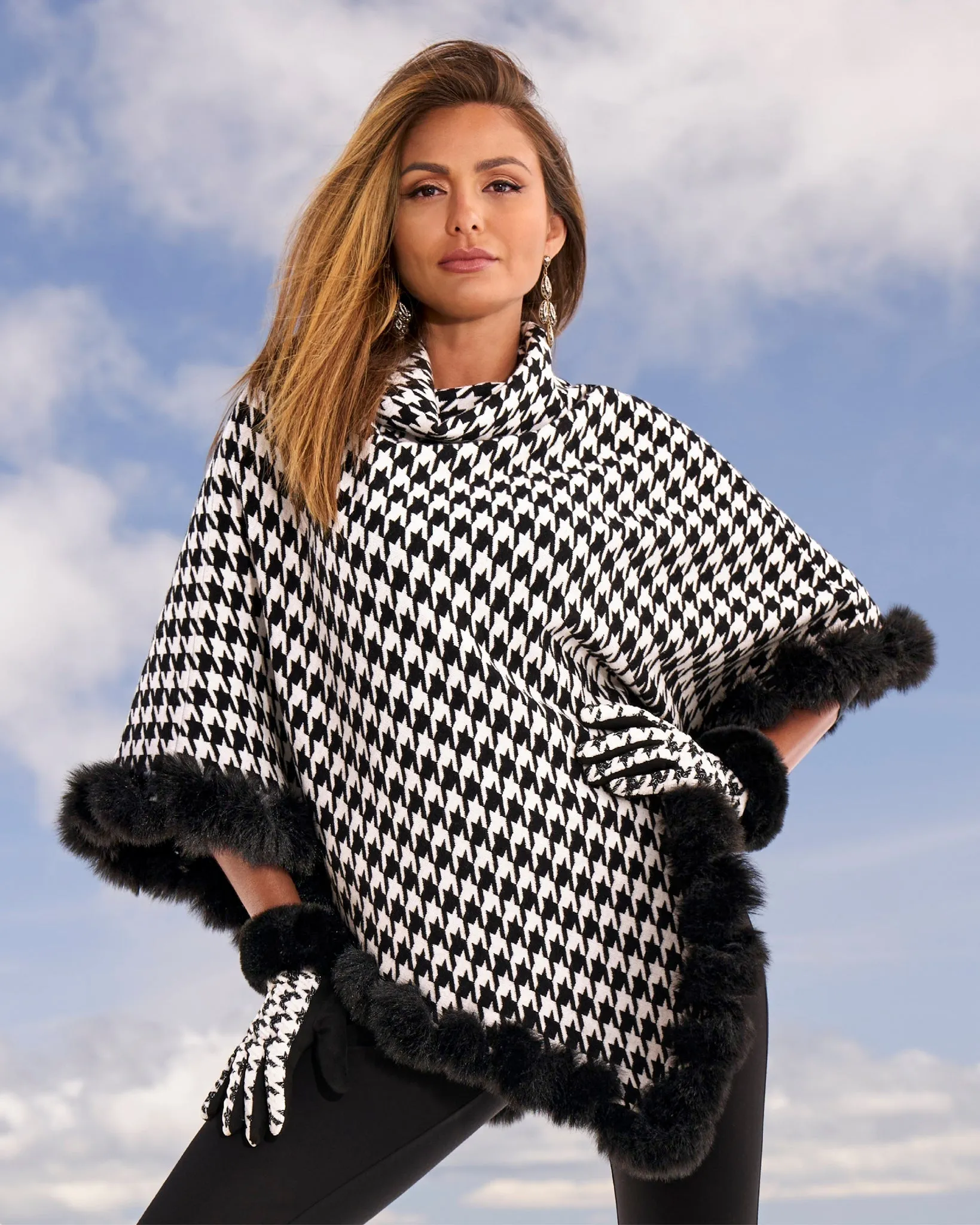 Faux Fur Trim Houndstooth Sweater Poncho Park City Houndstooth sold by Boston Proper