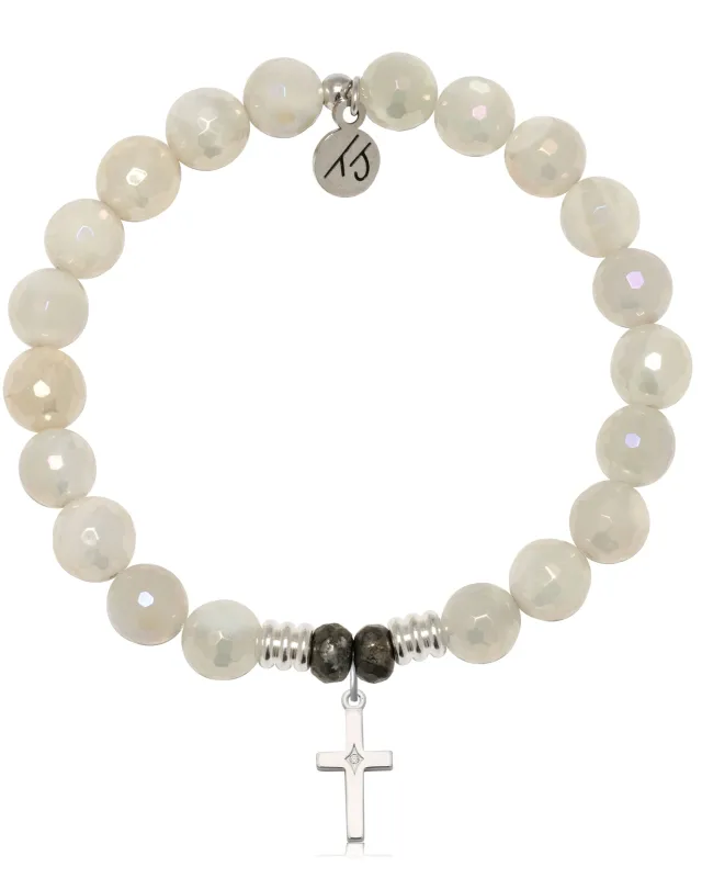 Moonstone Gemstone Bracelet with Cross CZ Sterling Silver Charm sold by Boston Proper