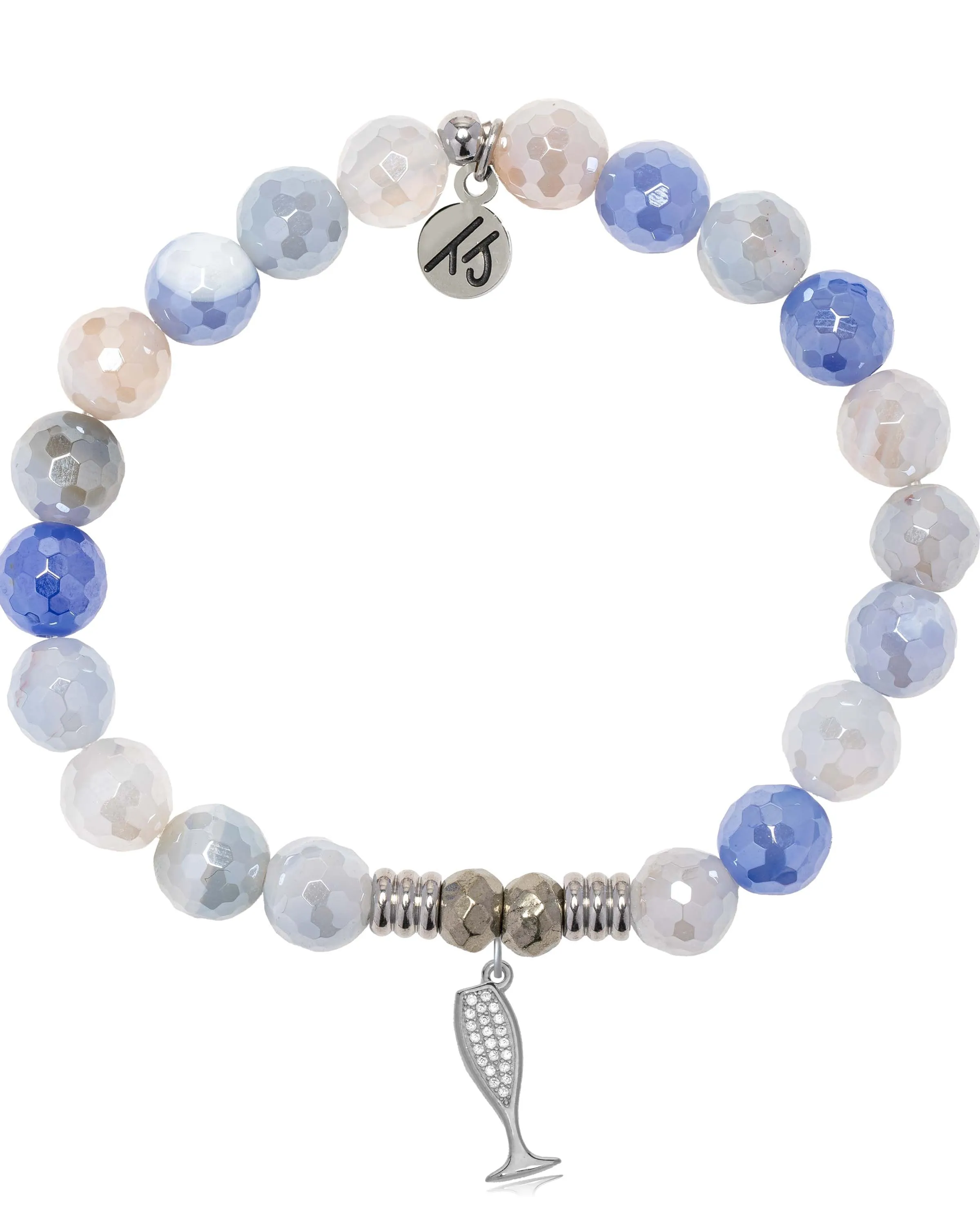 Blue Sparkle Agate Gemstone Bracelet with Cheers Sterling Silver Charm sold by Boston Proper