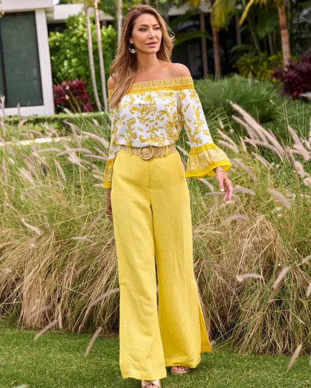 Casual side slit Linen pant Lemon Drop sold by Boston Proper