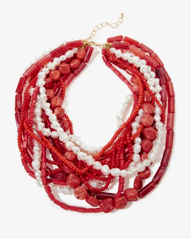 Long Beaded and Pearl Layered Necklace Red Multi sold by Boston Proper