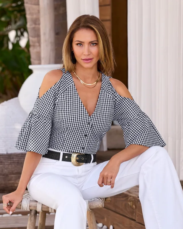 Cold Shoulder Print Button Up Top Black/White Gingham sold by Boston Proper