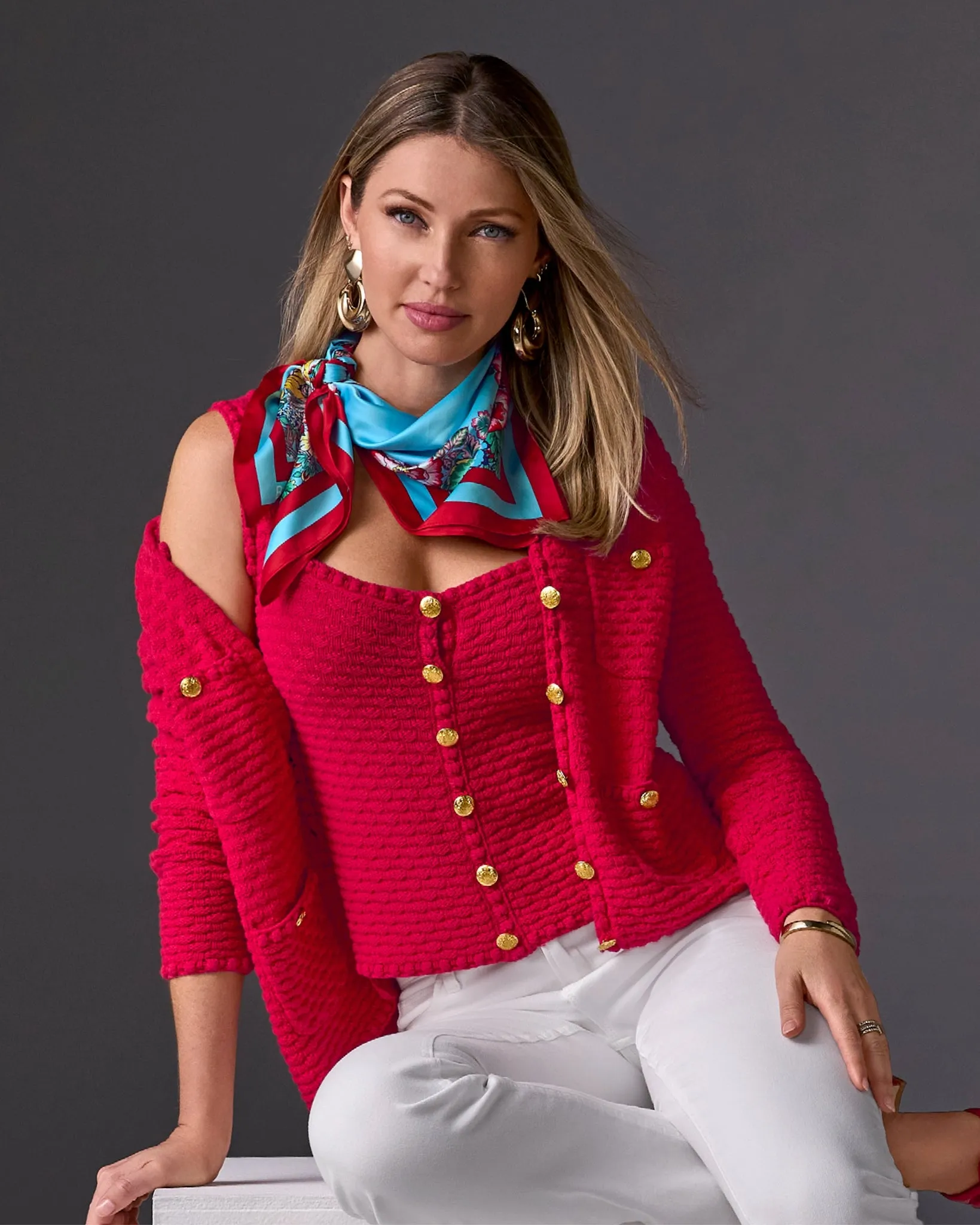 Button Detail Pocket Sweater Cardigan True Red sold by Boston Proper