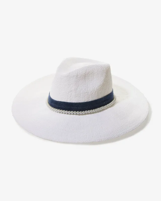Denim and Pearl Trim Hat White/Blue sold by Boston Proper