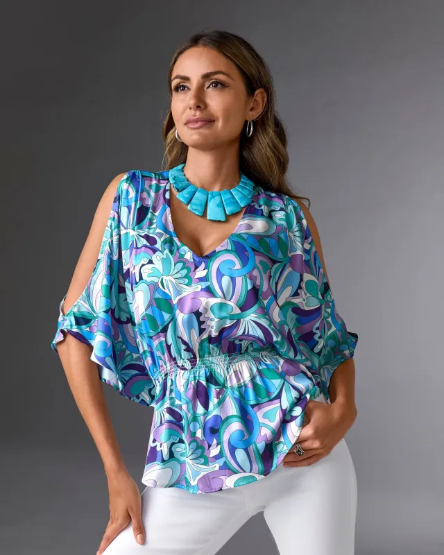 Print Cold Shoulder Blouson Blouse Maldives Abstract sold by Boston Proper