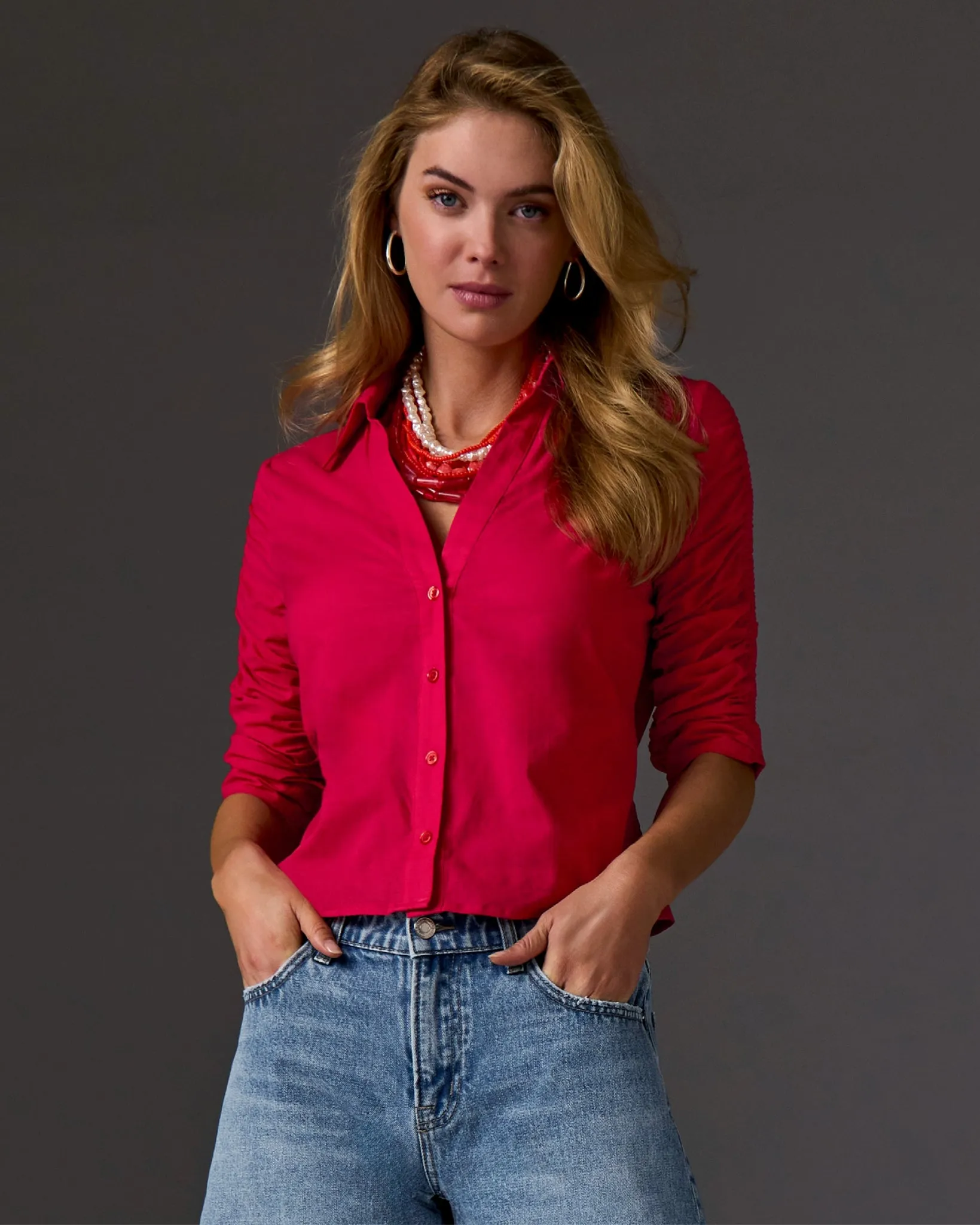 Ruched Sleeve Button Up Shirt True Red sold by Boston Proper
