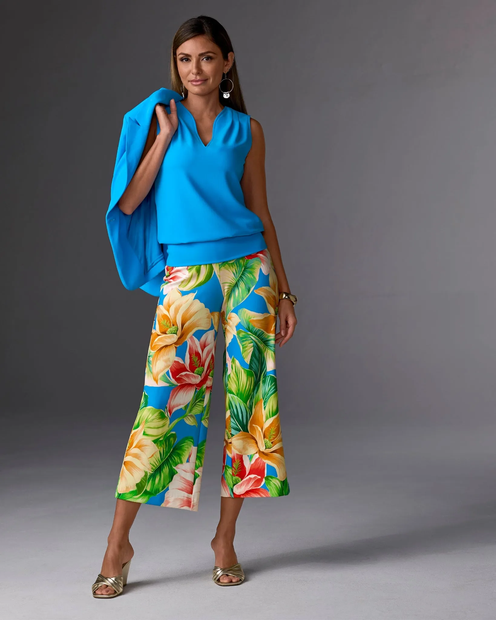 Beyond Travel Wide Leg Crop Print Pant Blue Multi sold by Boston Proper