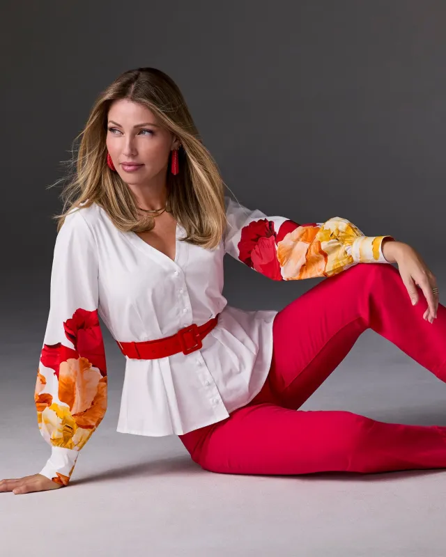 Poplin Belted Print Blouse Mirrored Petals sold by Boston Proper