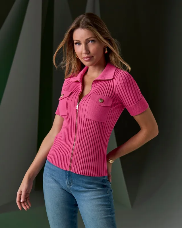 Wide Rib Zip Up Sweater Top Shocking Pink sold by Boston Proper