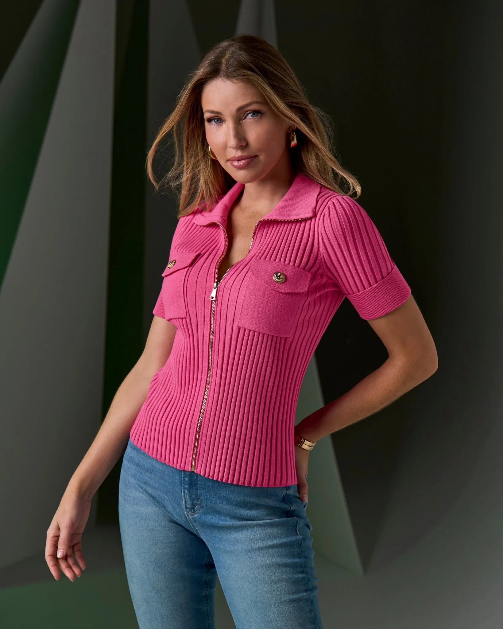 Wide Rib Zip Up Sweater Top Shocking Pink sold by Boston Proper