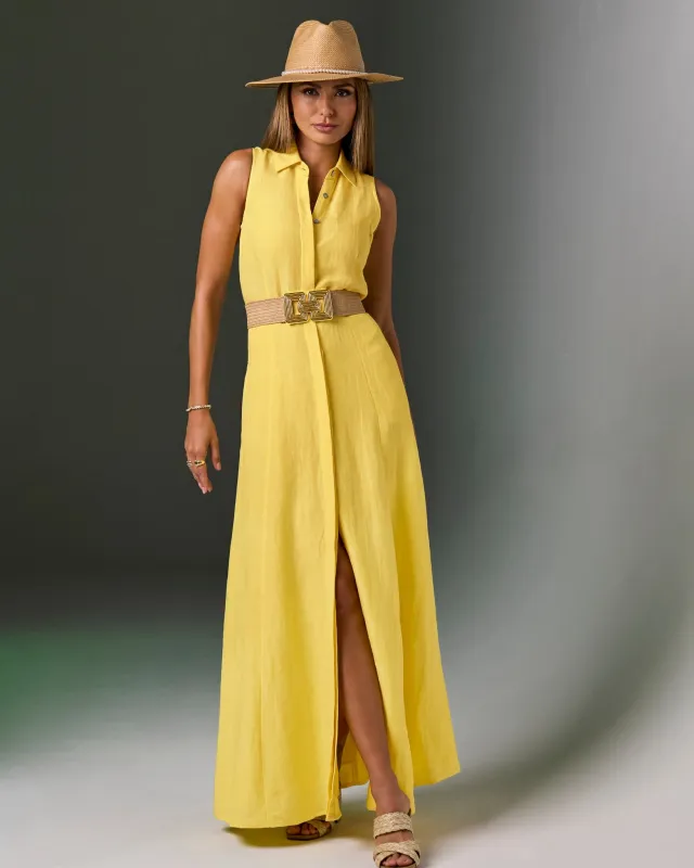 Sleeveless Linen Maxi Shirt Dress Lemon Drop sold by Boston Proper