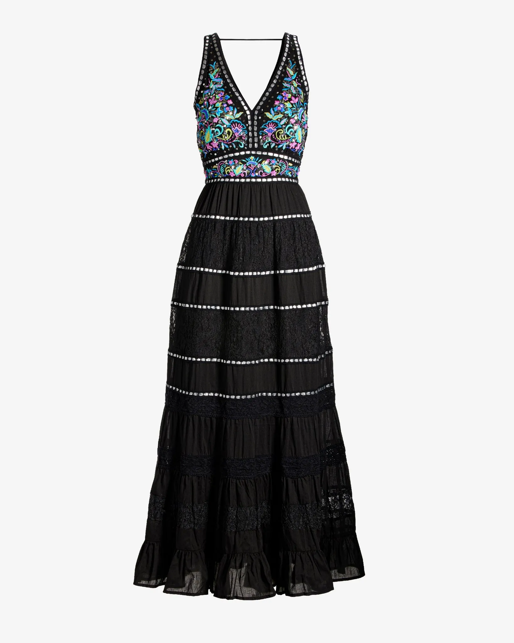 Embroidered and Embellished Tiered Lace Inset Maxi Dress Black sold by Boston Proper product image thumbnail 2
