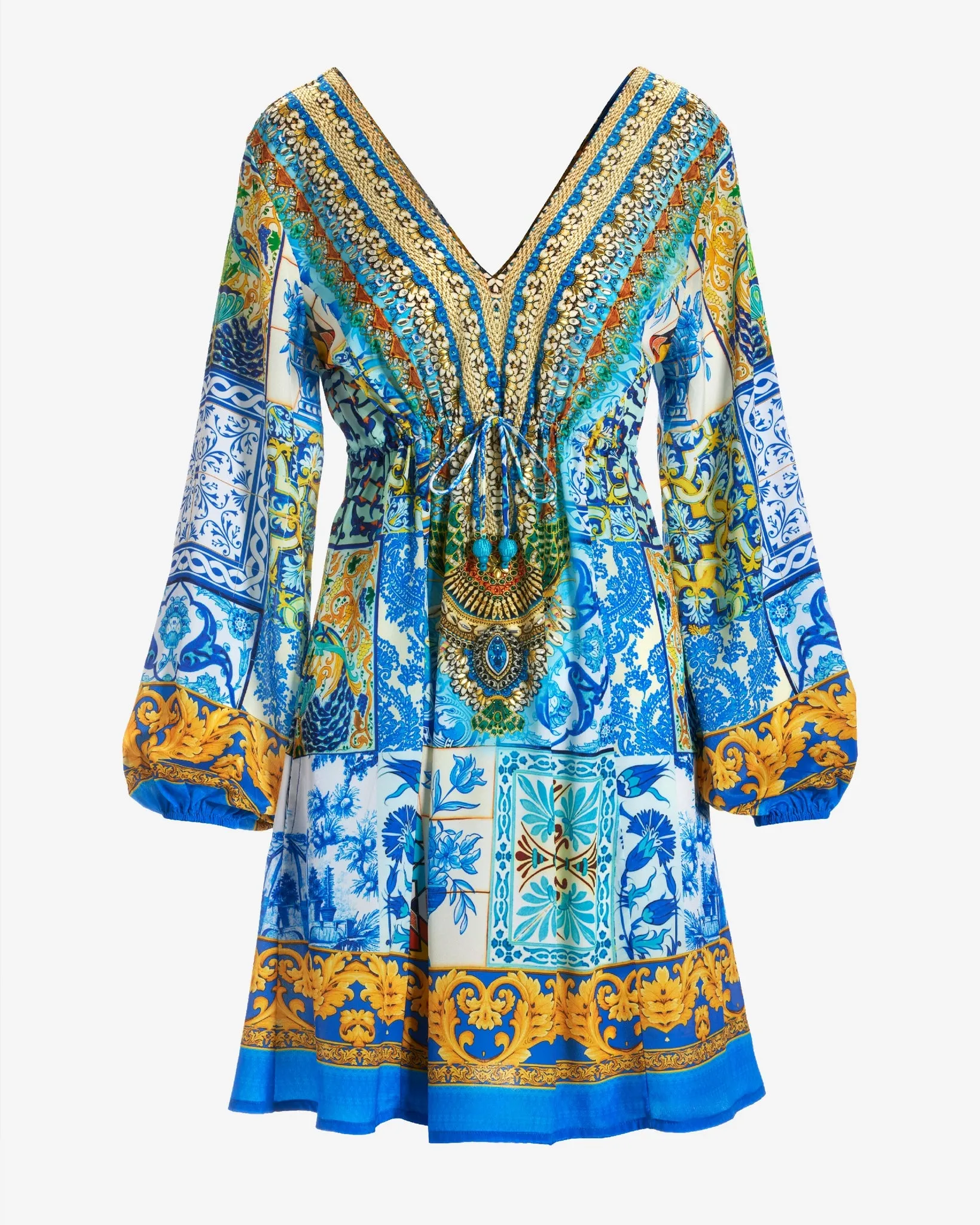 Embellished Tile Print Tassel Long Sleeve A Line Dress Blue Multi sold by Boston Proper product image thumbnail 2