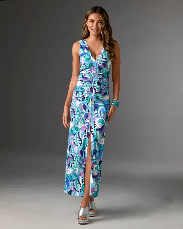 Maldives Abstract Sleeveless Ruched Front Slit Maxi Dress Maldives Abstract sold by Boston Proper
