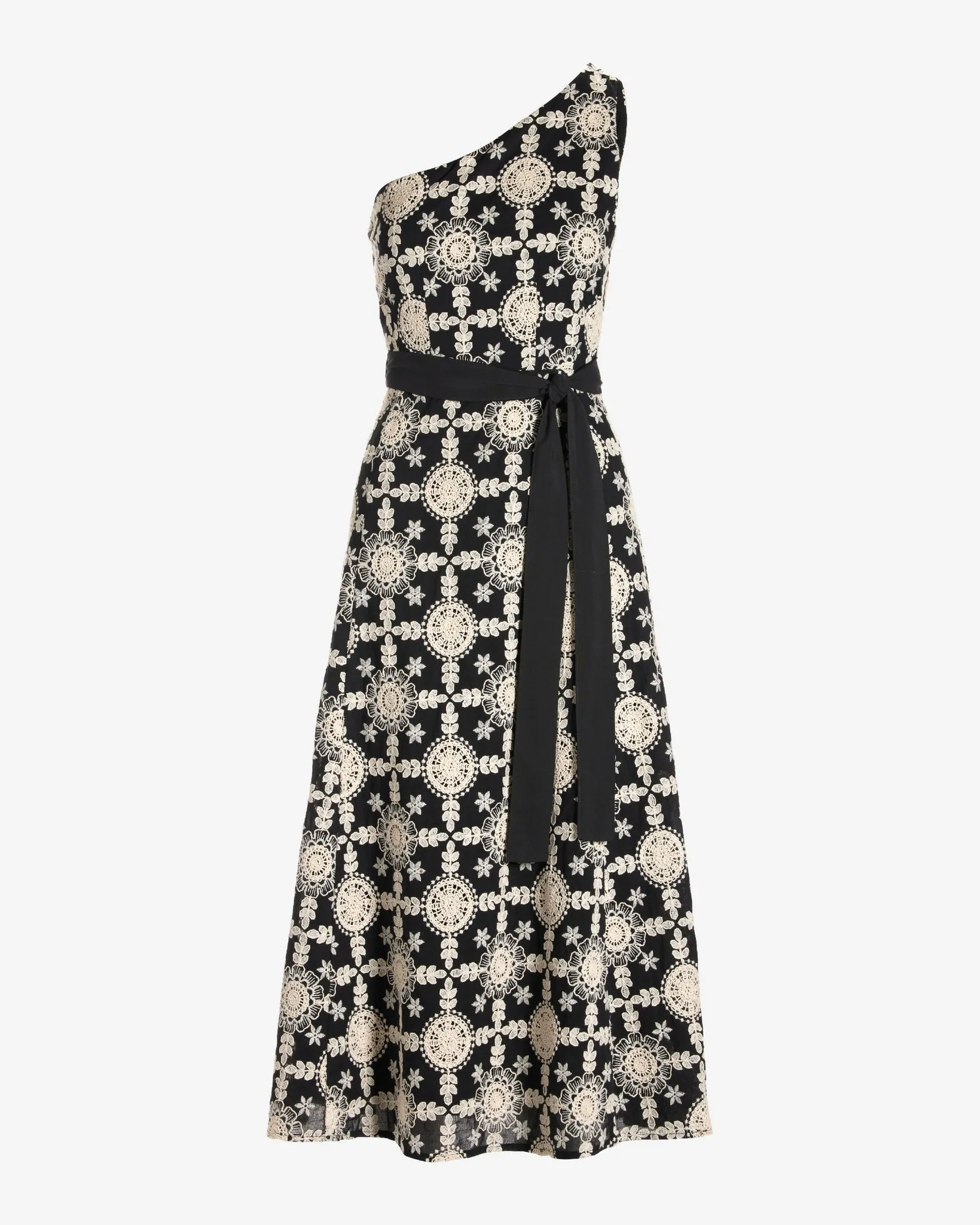 One Shoulder Crochet Inset Fit and Flare Dress Black sold by Boston Proper product image thumbnail 2