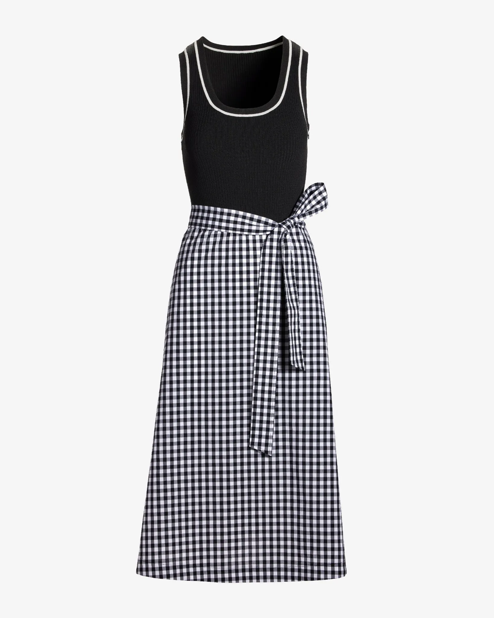 Mixed Media Piped Scoop Neck Gingham Midi Dress Black/White sold by Boston Proper product image thumbnail 2