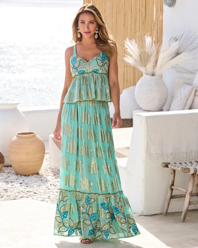 Embroidered Gold Metallic Maxi Skirt Light Blue Multi sold by Boston Proper