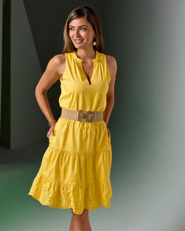 Tie Waist Tiered Fit and Flare Poplin Dress Lemon Drop sold by Boston Proper