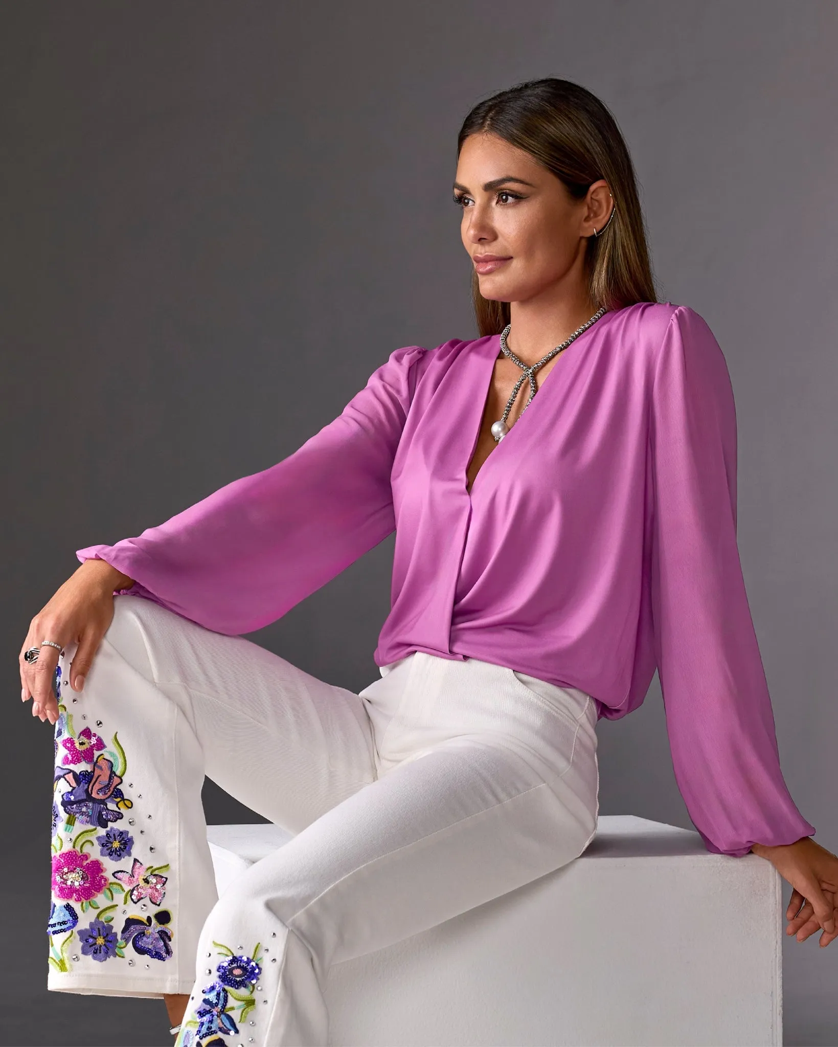 So Chic Chiffon Sleeve Surplice Top Bodacious sold by Boston Proper