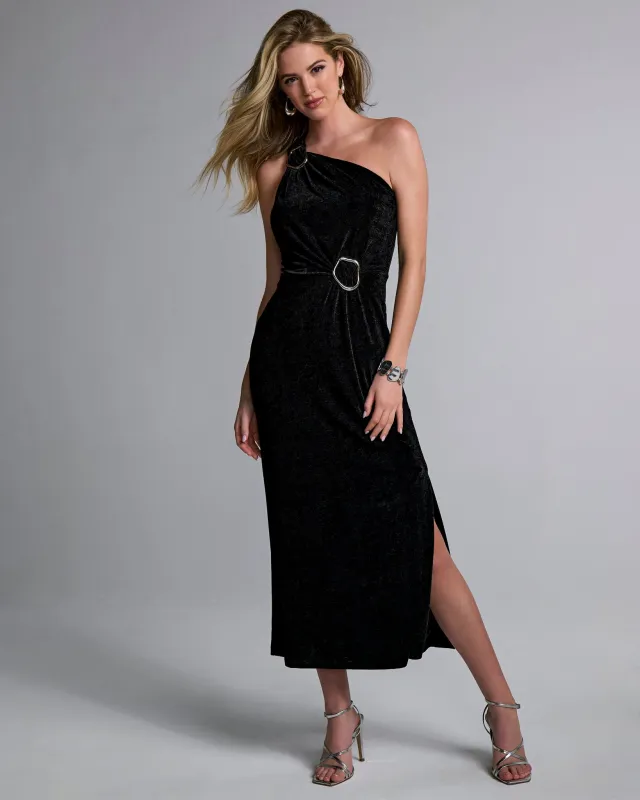 Hardware Detail One Shoulder Knit Dress Black made by Boston Proper
