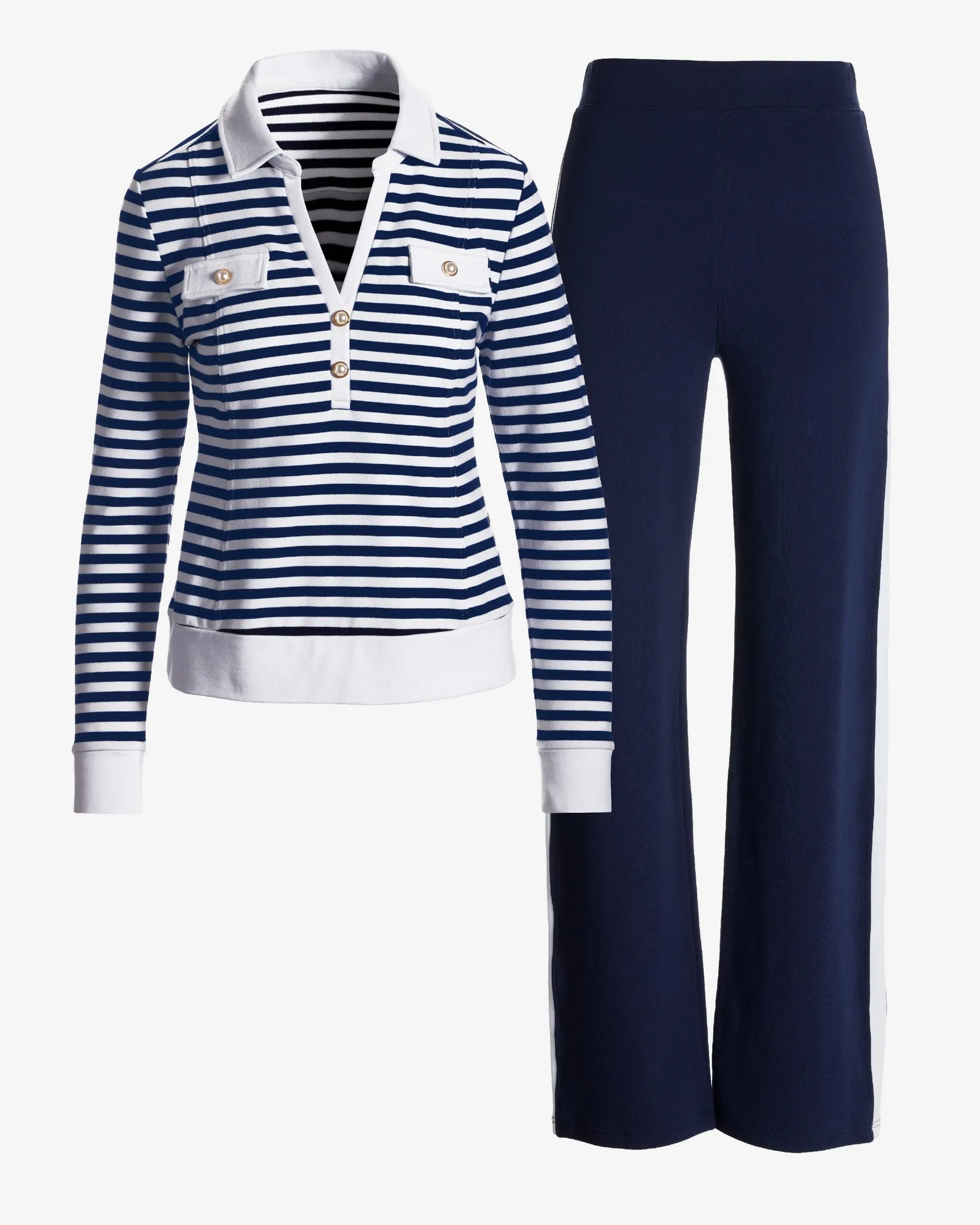 Lace Up Pearl Stripe French Terry Top and Pant Set Navy/White sold by Boston Proper product image thumbnail 2