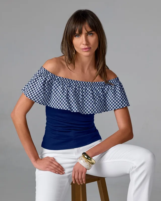 Gingham Off The Shoulder Knit Top Navy sold by Boston Proper